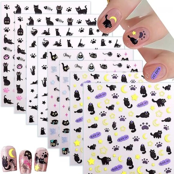 Black Cat Nail Art Stickers, 8 Sheets - Picture 1 of 3